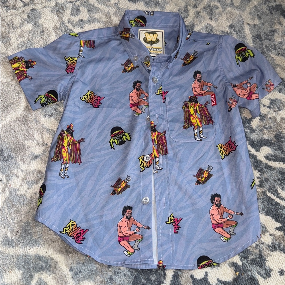 Macho man Randy savage button down Blue Graphic Short Sleeve Shirt